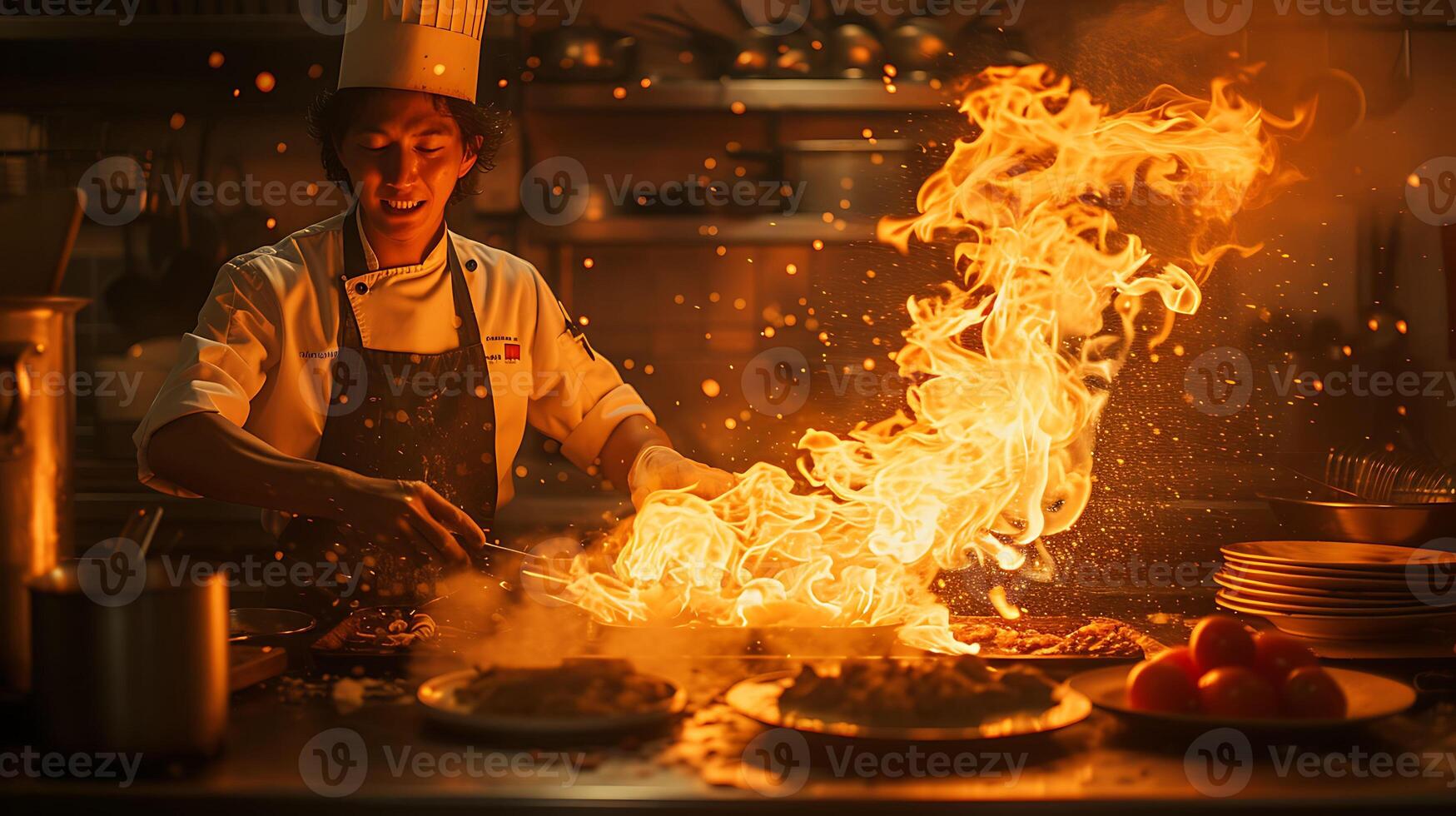 Capture intensity of a chef expertly flambeing a dish in a dimly lit kitchen with flames dancing against the darkness using low light techniques photo