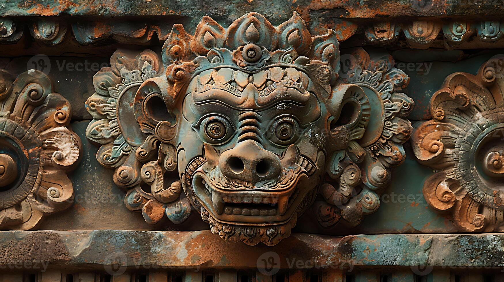 Capture intricate details of artwork adorning the walls of a great ape temple utilizing macro photography to showcase the precision of the carvings and paintings depicting their rich cultural heritage photo