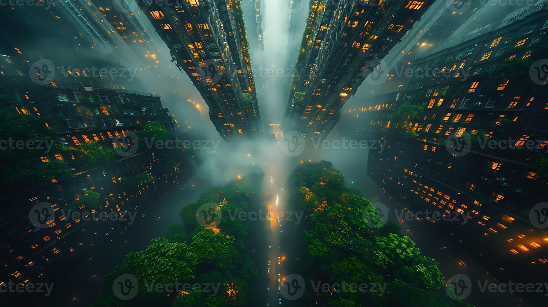 Capture majestic cityscape of great ape civilization from a drone's perspective employing aerial photography to showcase the intricacies of their arboreal architecture amidst the dense forest canopy photo