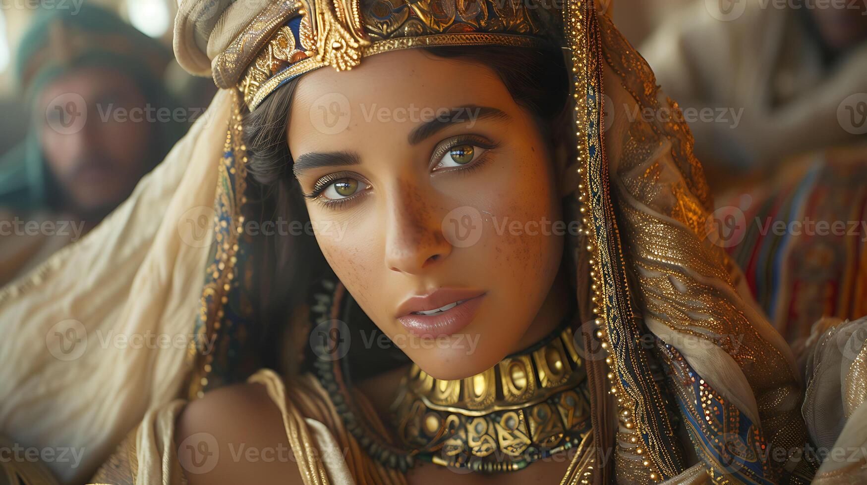 Cleopatra Create realistic casual image depicting Cleopatra last pharaoh of Egypt scene showcasing her regal elegance intelligence perhaps conversing Roman dignitary her palace or surveying Nile River photo