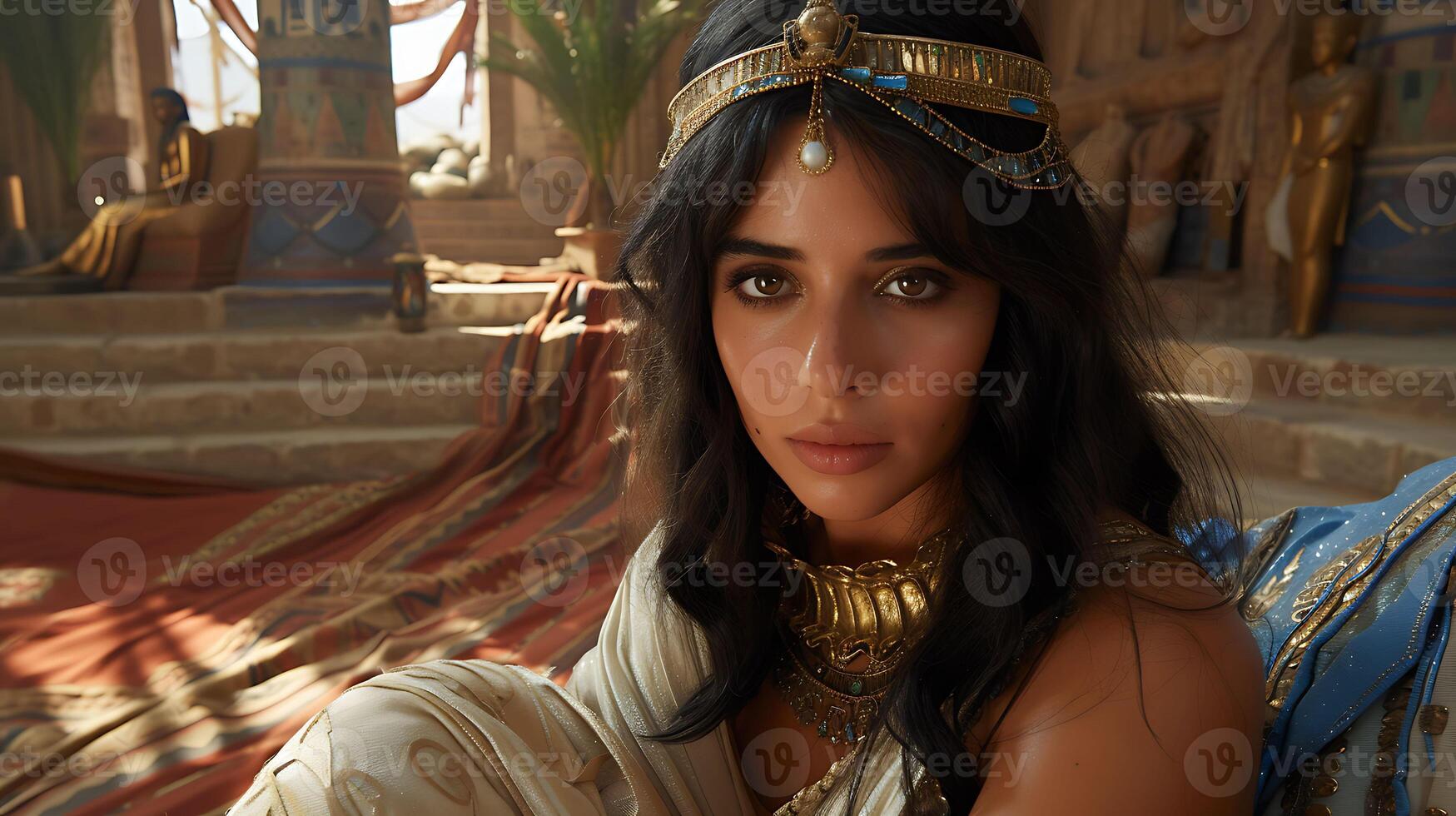 Cleopatra VII Generate realistic casual image depicting Cleopatra VII legendary queen of Egypt scene showcasing her love art culture perhaps attending performance of traditional Egyptian music dance photo