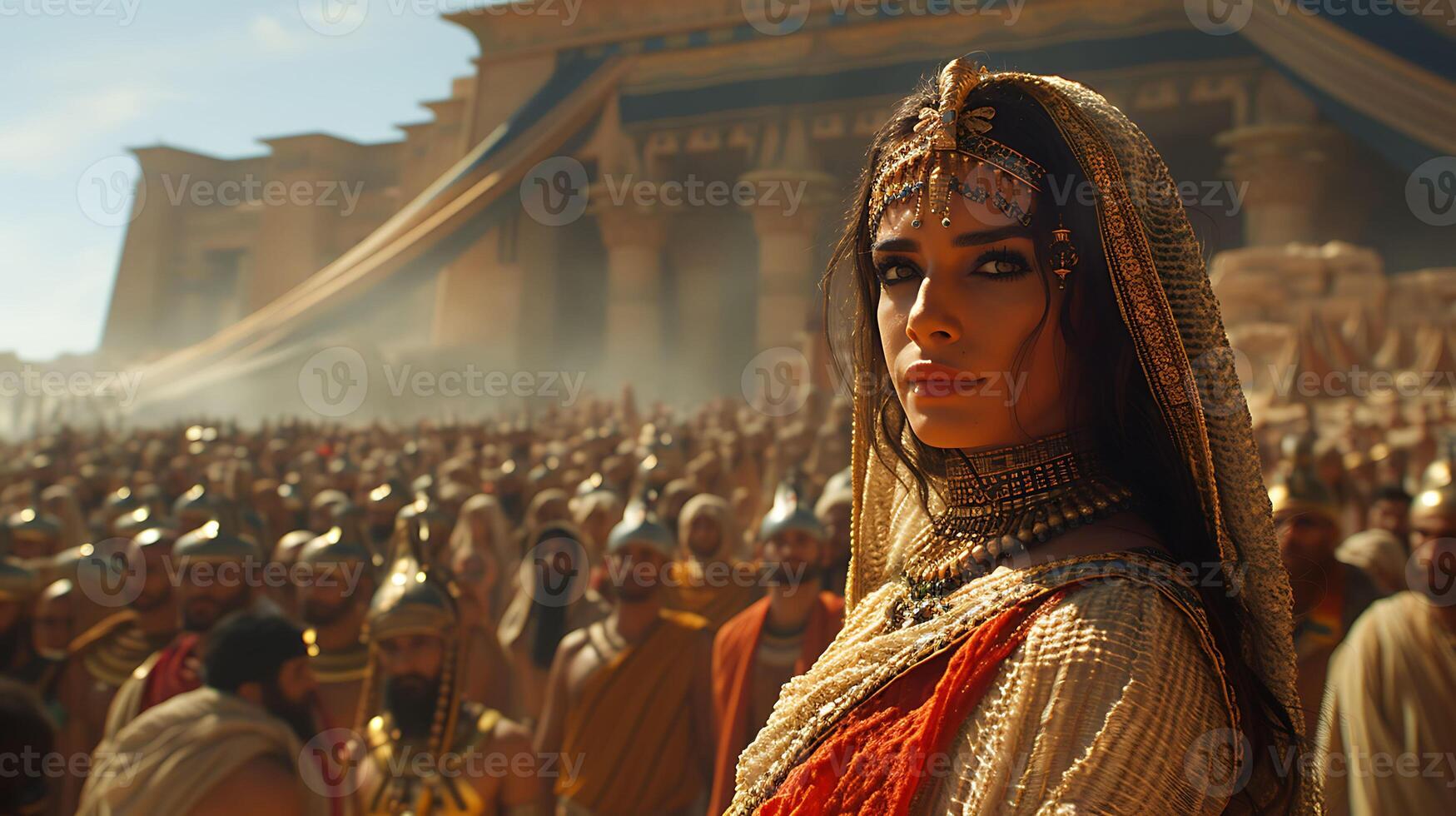 Cleopatra VII Generate lifelike casual image depicting Cleopatra VII last pharaoh of Egypt scene showcasing her leadership charisma perhaps addressing her subject public audience Temple of Isis or photo
