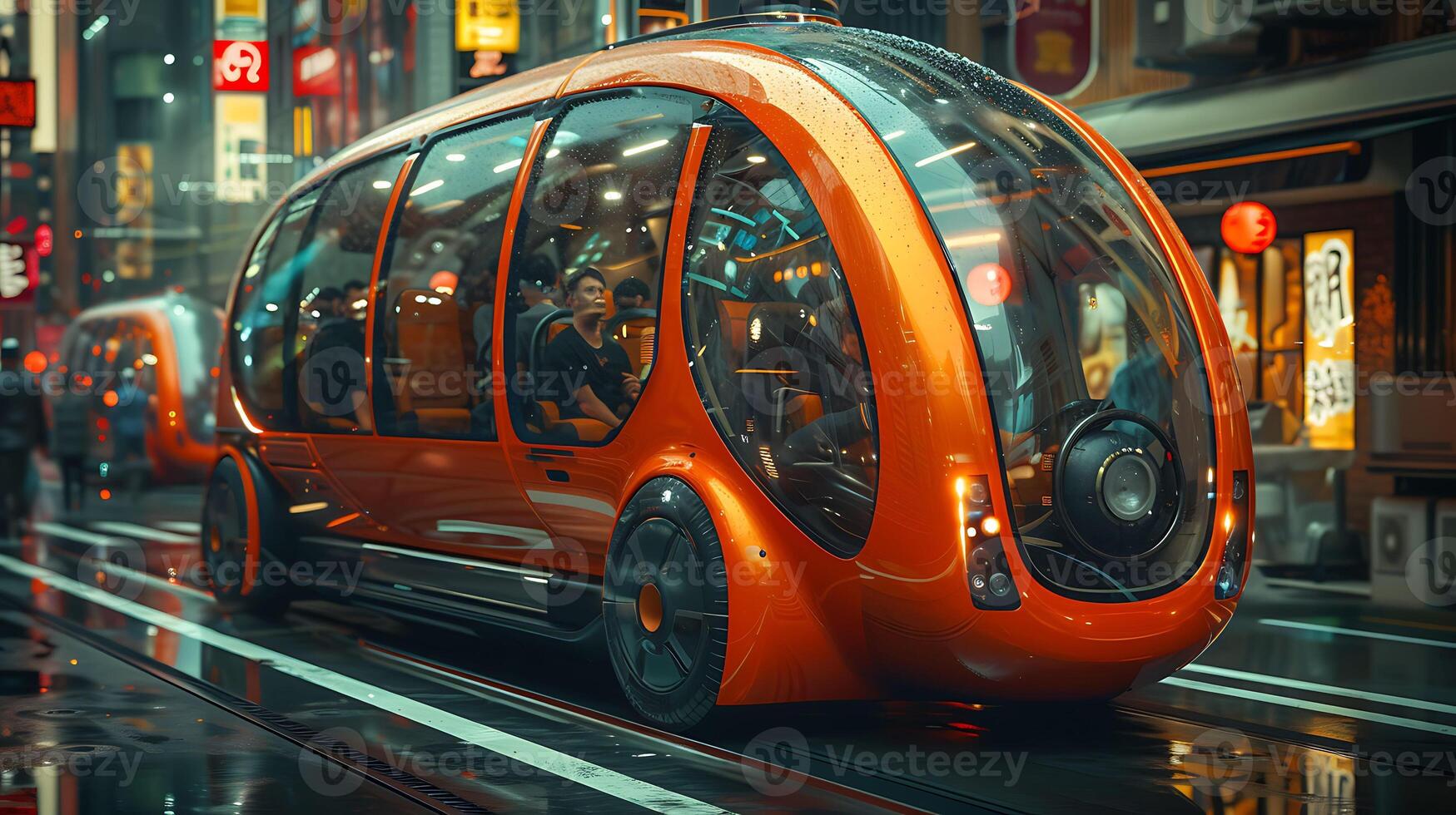 Conceptualize rickshaw evolved through millennium featuring levitation technology smooth noiseless ride through bustling futuristic city canopy house augmented reality display providing passenger photo