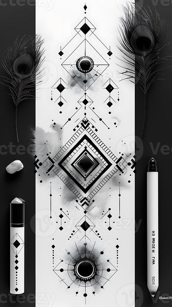 Minimalist mehendi design with geometric shapes on white paper for easy printing photo