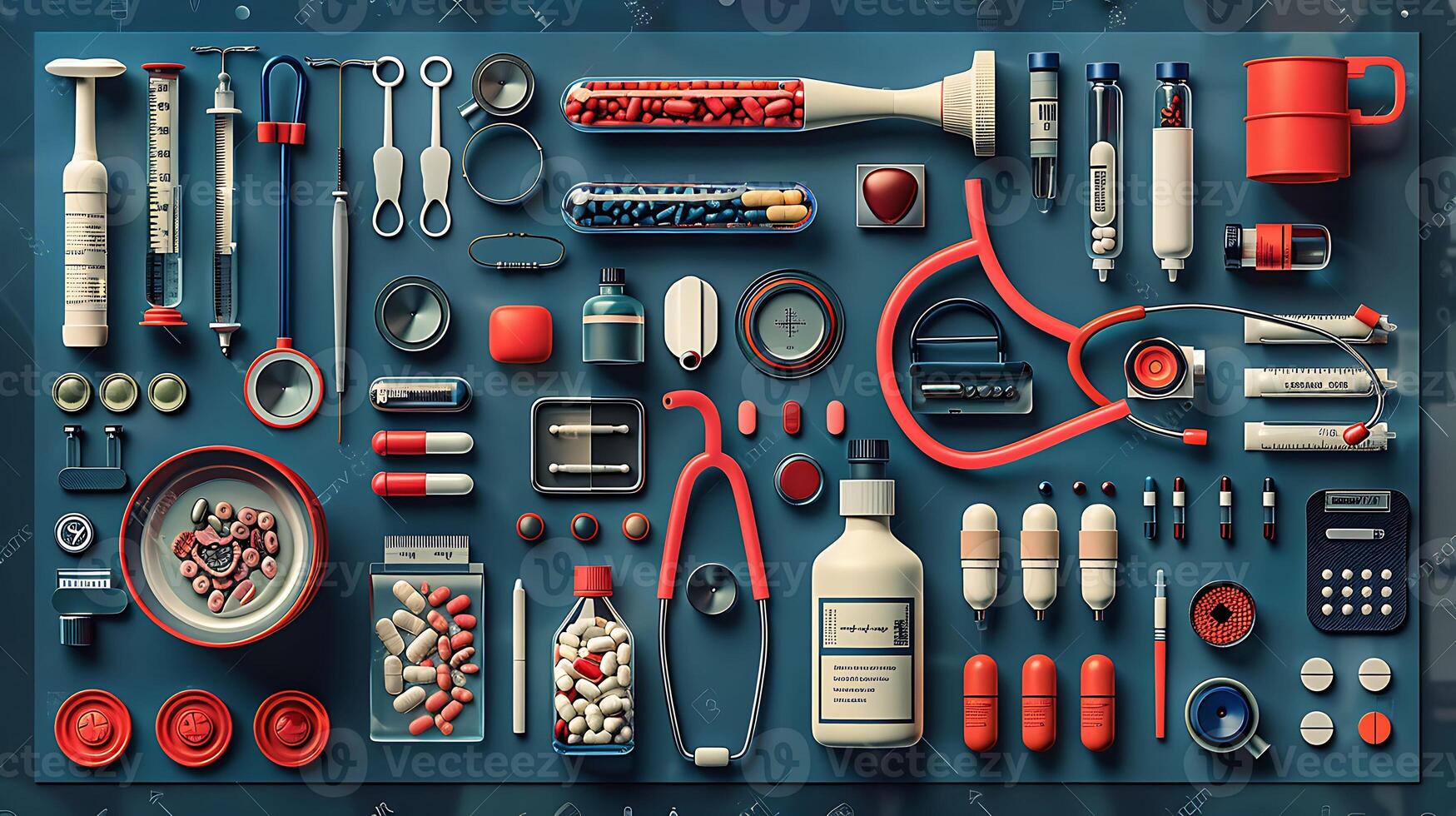 Themed set of illustrations centered around healthcare and medical practices including doctors patients and medical equipment photo