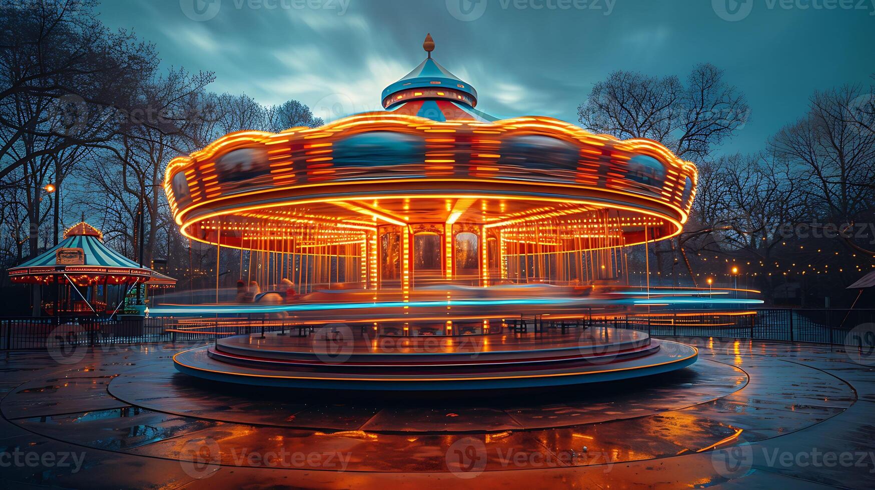 Captivating long exposure photo of a carnival carousel in motion with streaks of light from its spinning lights