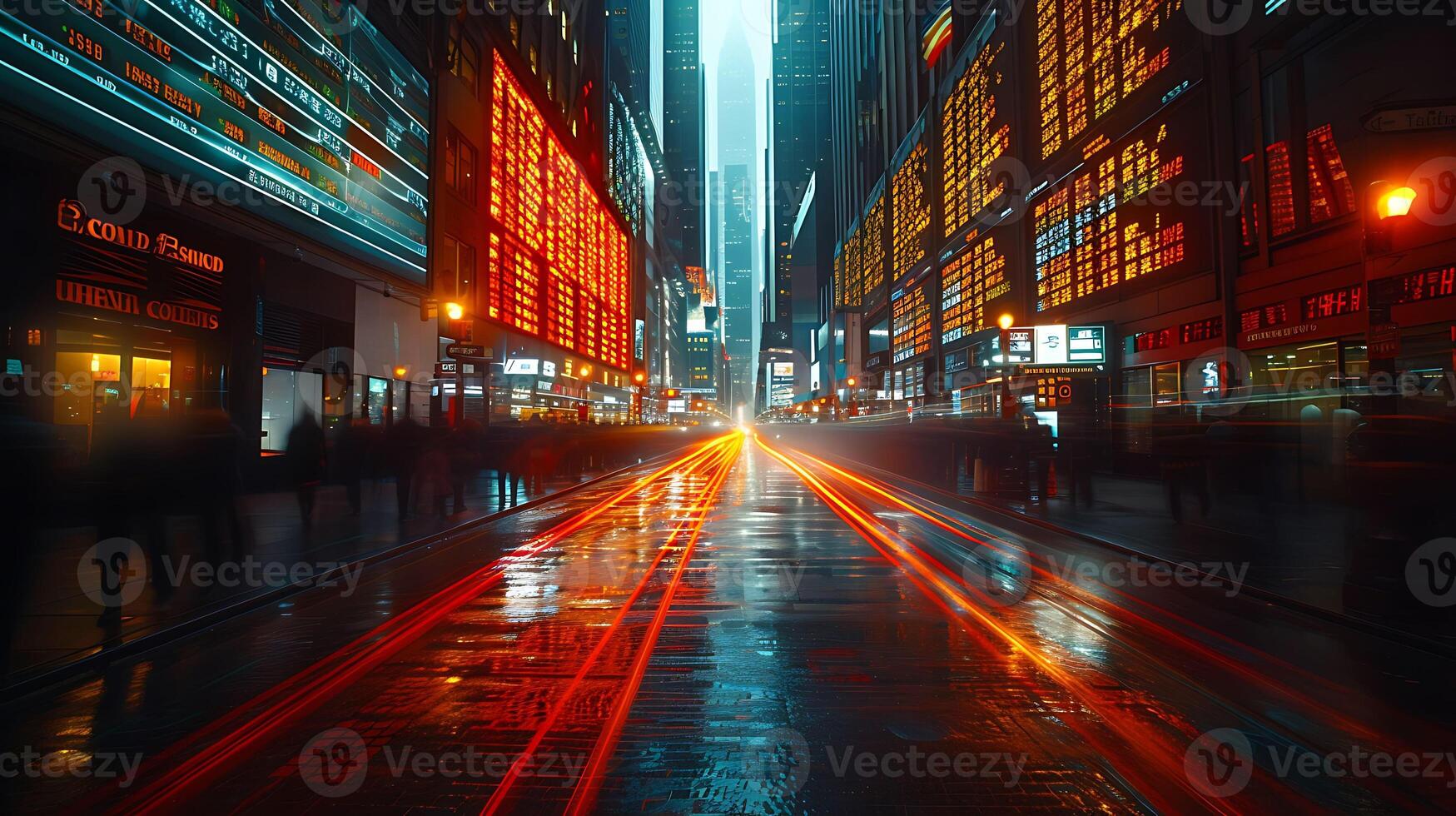 Captivating long exposure photo of a bustling stock exchange floor with traders moving quickly amidst screens and flashing lights