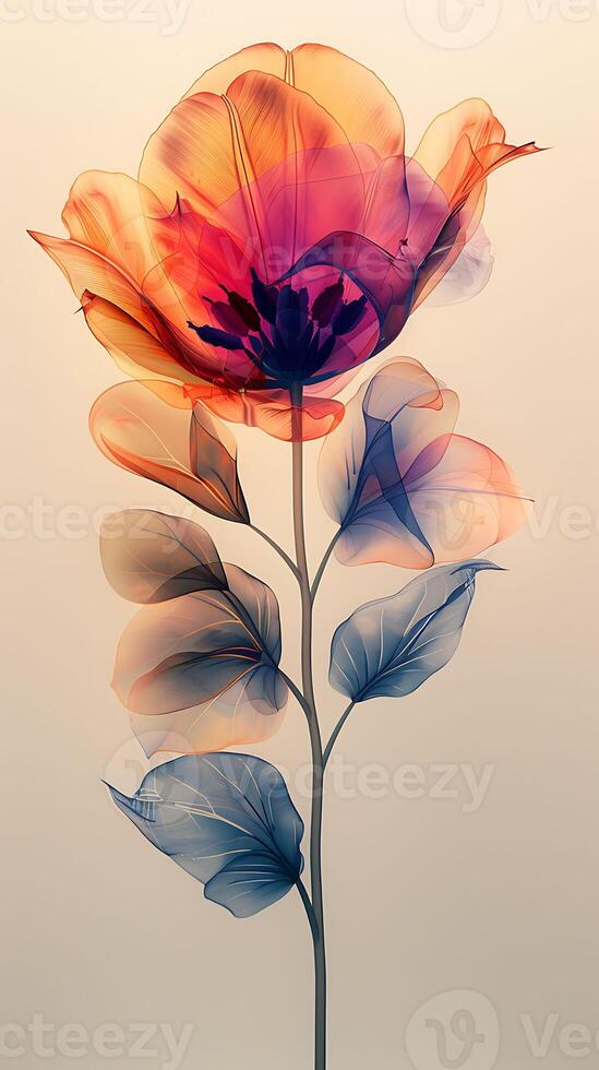 Depiction of a striking tulip flower in style its vivid colors contrasting beautifully with a blank canvas of white photo