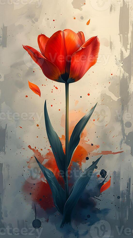 Depiction of a striking tulip flower in style its vivid colors contrasting beautifully with a blank canvas of white photo