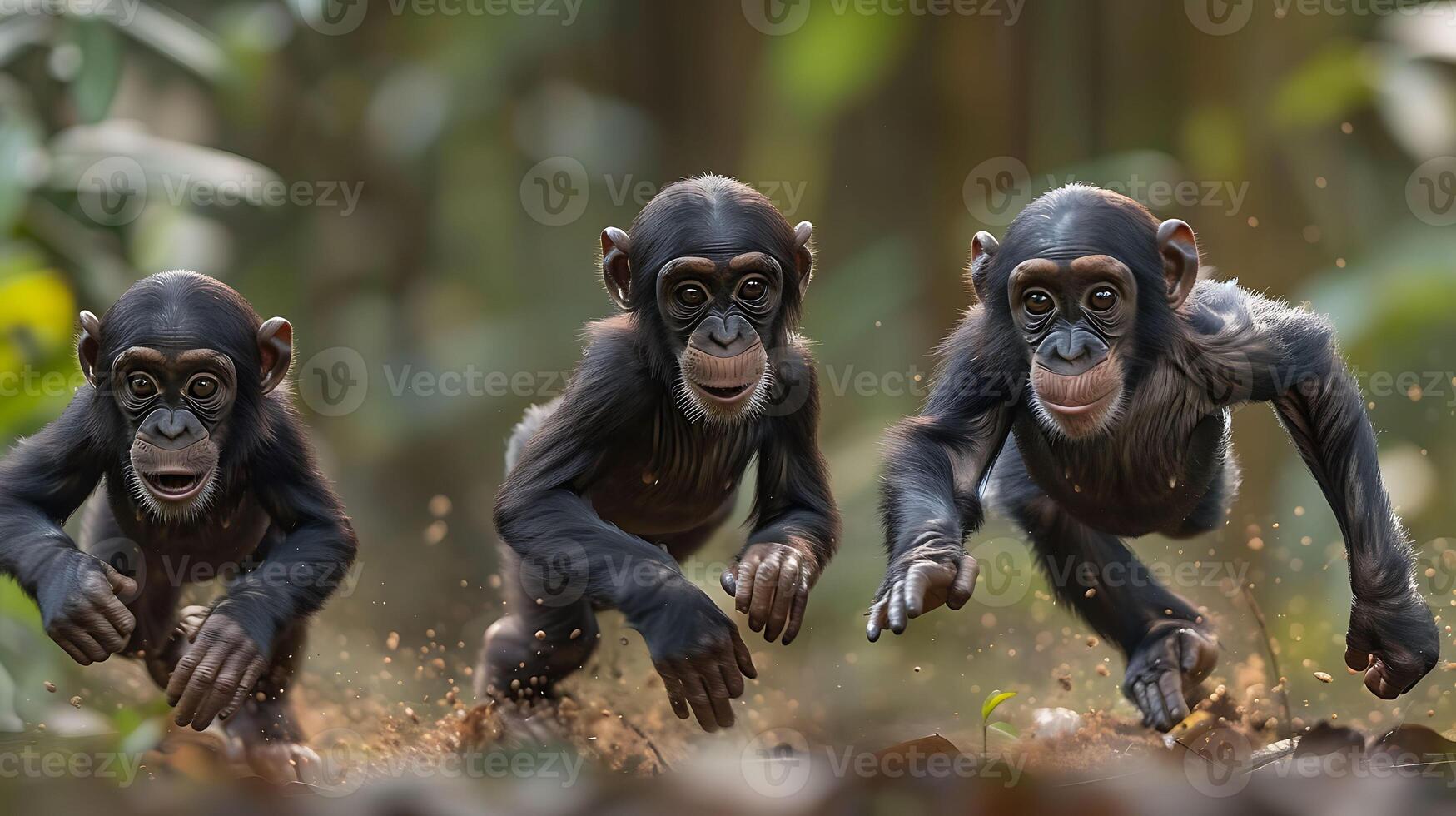 Dynamic image freezing the motion of young great apes playing in the jungle canopy employing highspeed photography to capture their agile movements with crisp detail photo