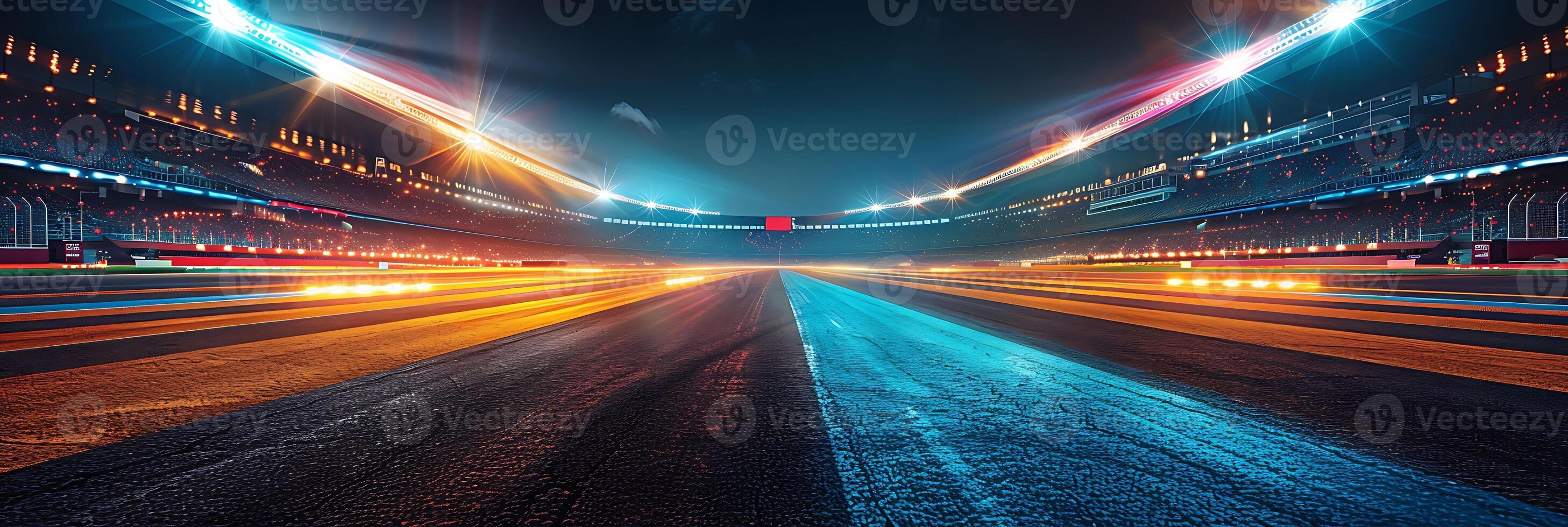 Dynamic long exposure photo of a sports stadium at night with the action on the field captured in streaks of light