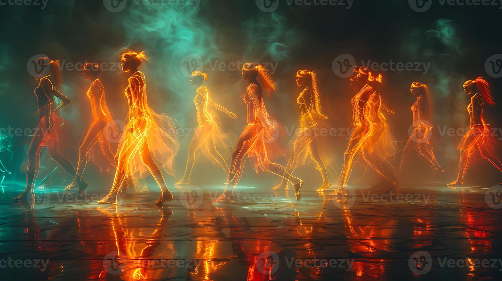 Mesmerizing long exposure photo of a group of dancers rehearsing a routine with graceful movements captured as streaks of light