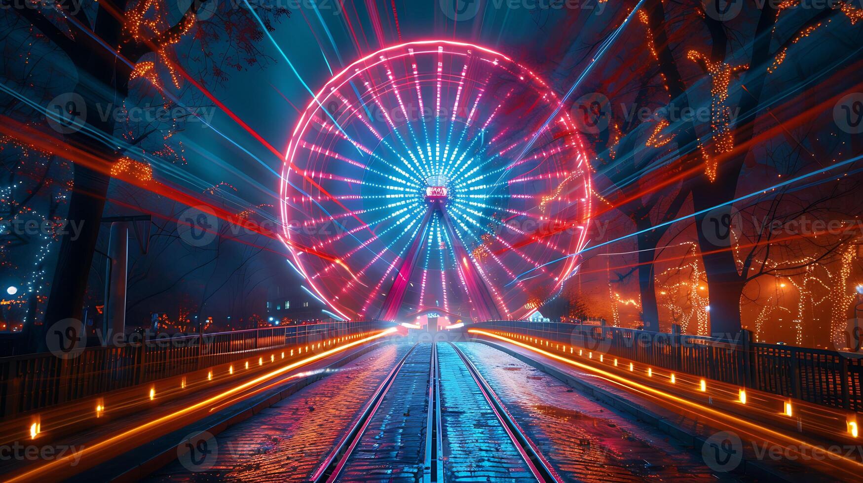 Mesmerizing long exposure photo of a spinning ferris wheel at night with colorful streaks of light radiating from it