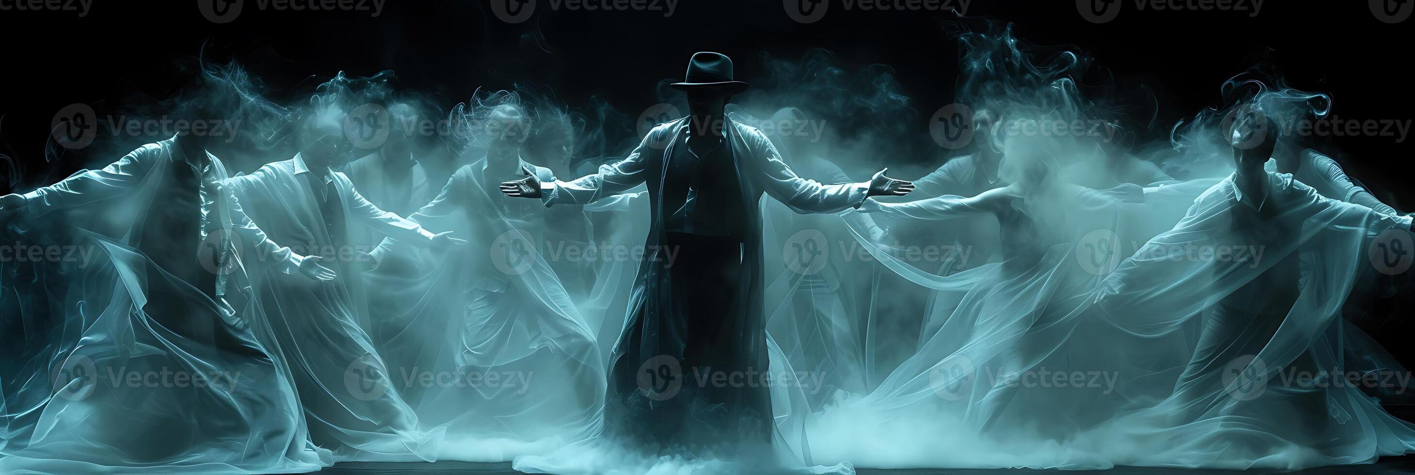 Surreal long exposure photo of a team of magicians performing a grand illusion with movements and magic tricks frozen in time