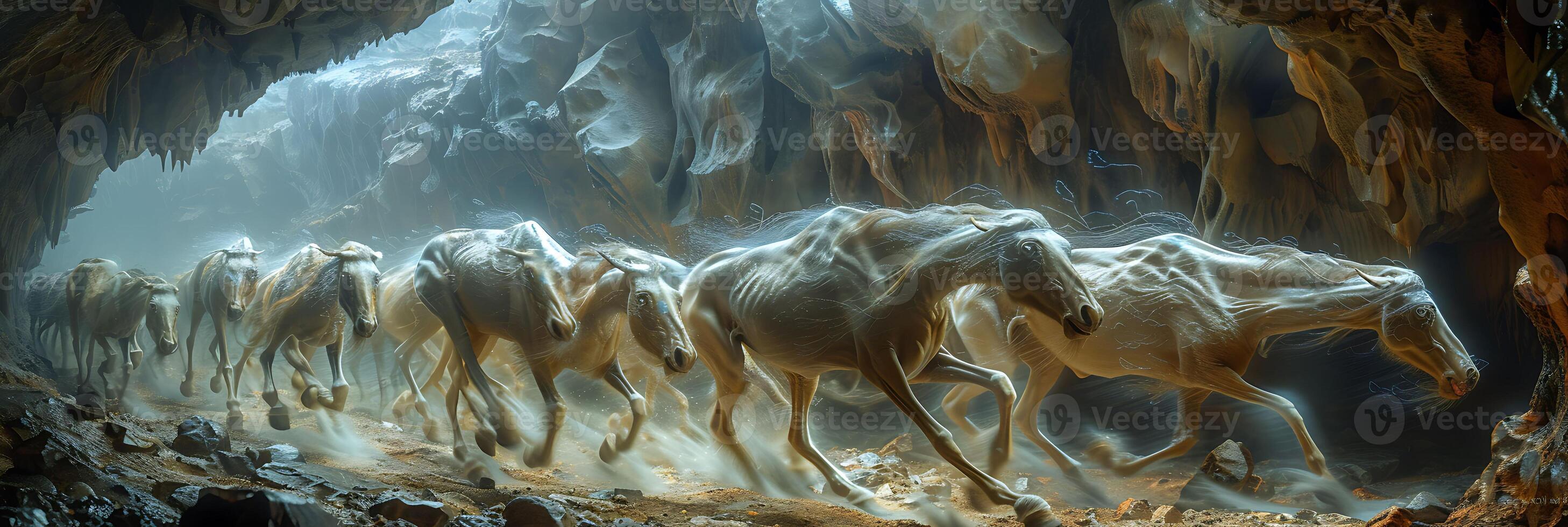 Surreal long exposure photo of a team of wildlife biologists studying animals in their natural habitat with movements and interactions frozen in time