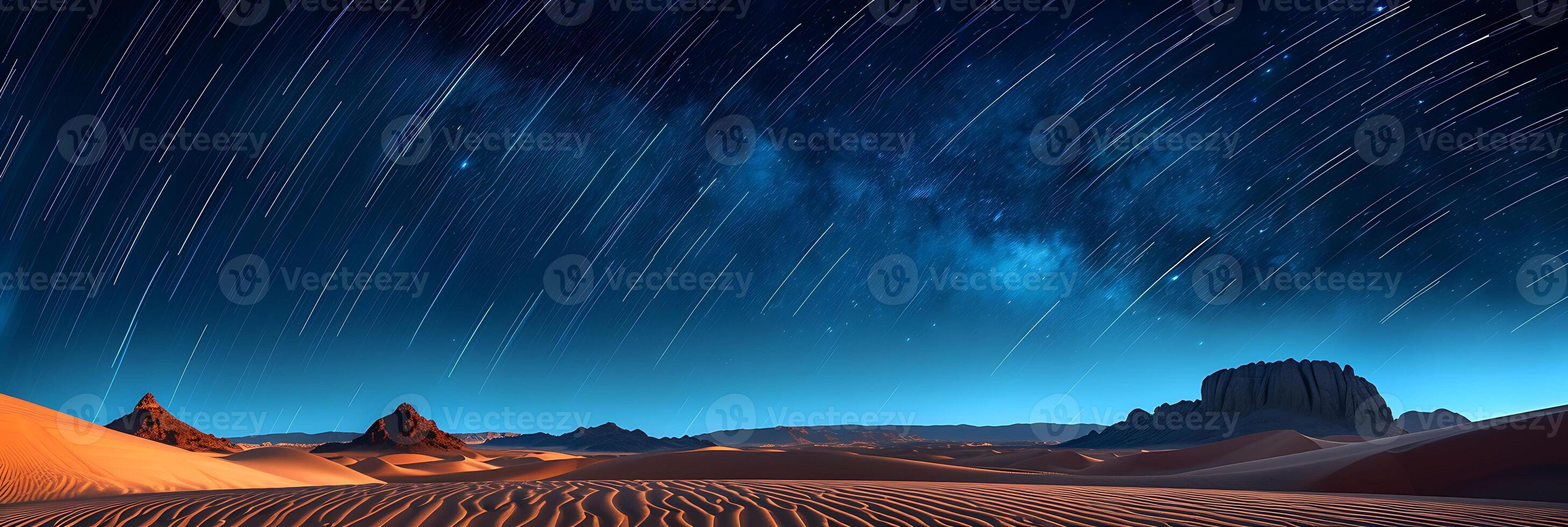 Surreal long exposure photo of a desert landscape at night with stars streaking across the sky and sand dunes illuminated by moonlight