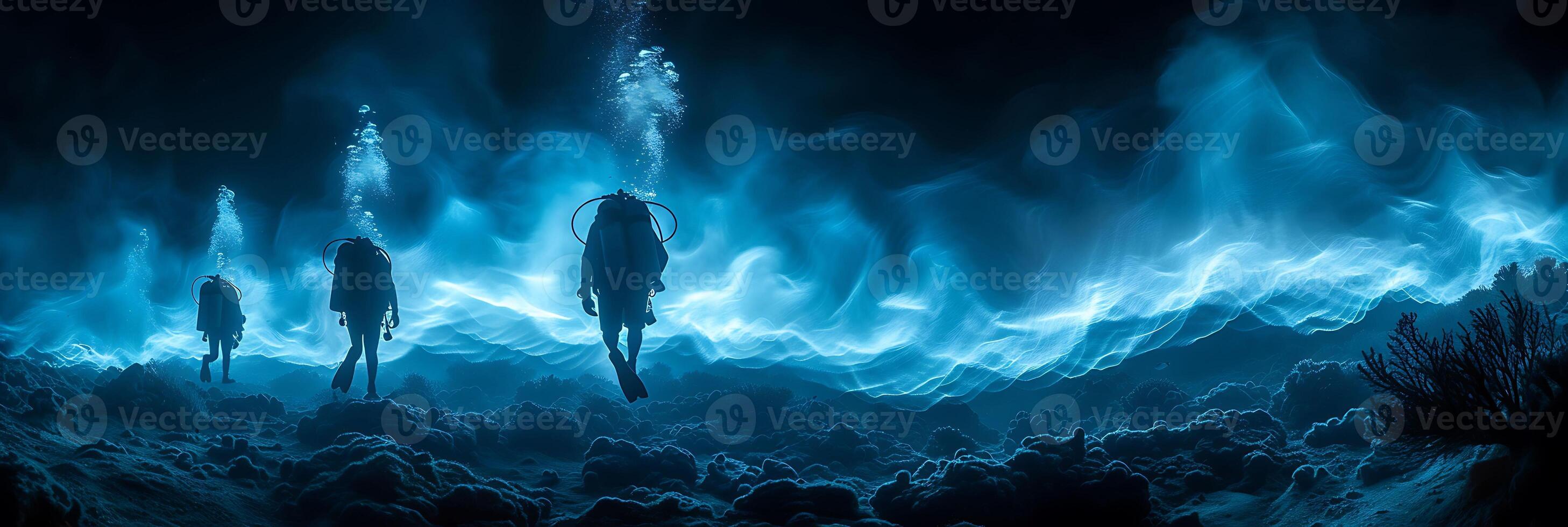 Surreal long exposure photo of a team of deepsea divers exploring a coral reef with movements and marine life captured as streaks of light