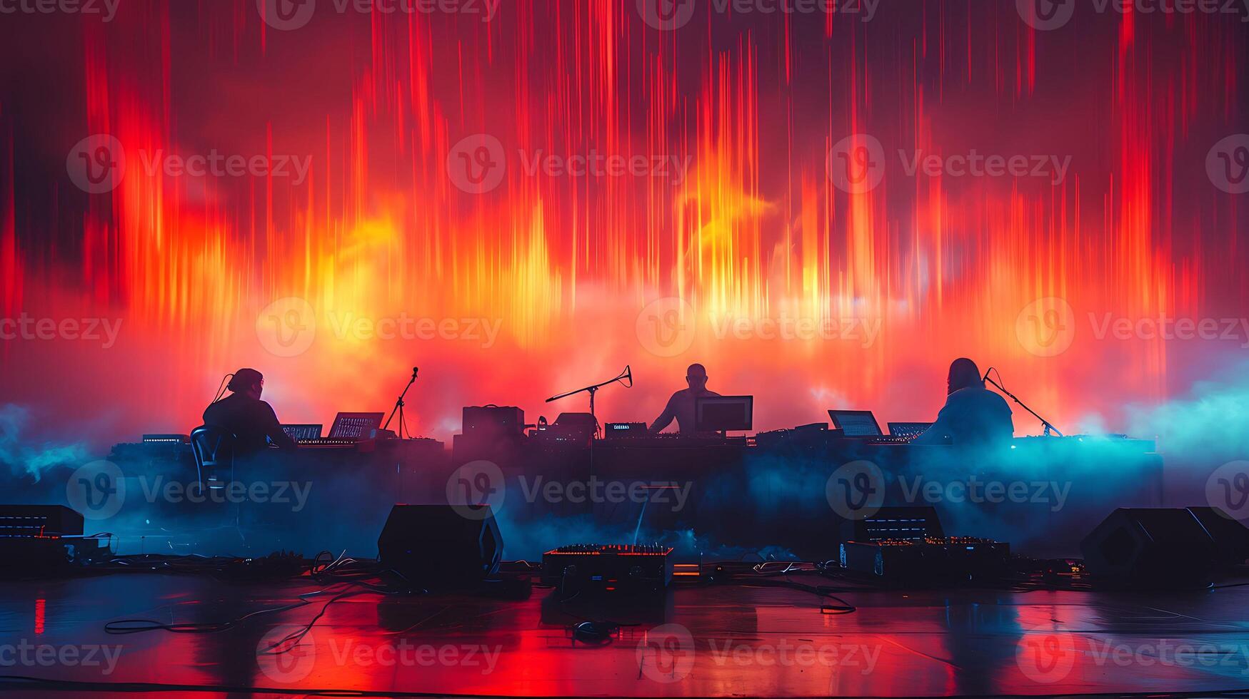 Surreal long exposure photo of a team of sound engineers recording music in a studio with instruments and sound waves creating streaks of light