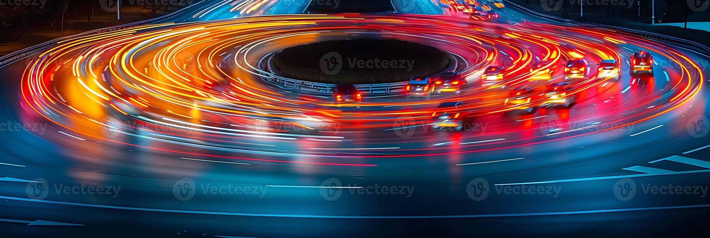 Abstract long exposure photo of traffic patterns from an aerial perspective capturing the intricate movements of vehicles