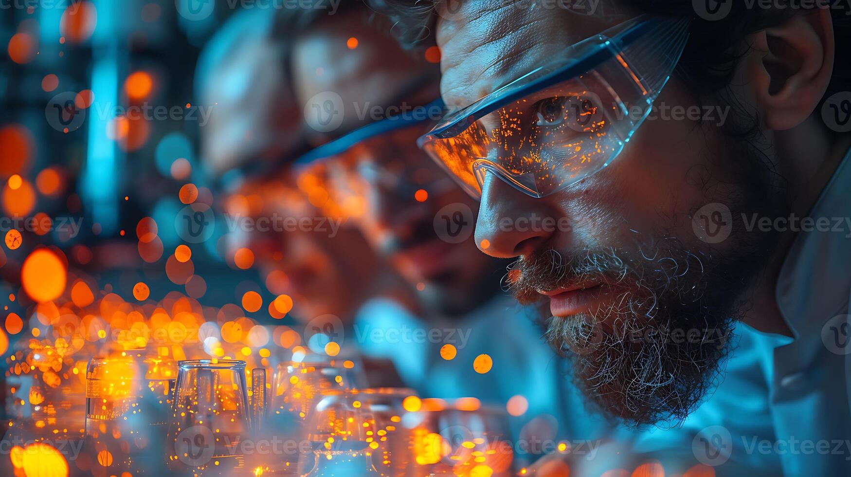 Abstract long exposure photo of a team of quantum physicists conducting experiments in a laboratory with particles and equations creating dynamic patterns of light