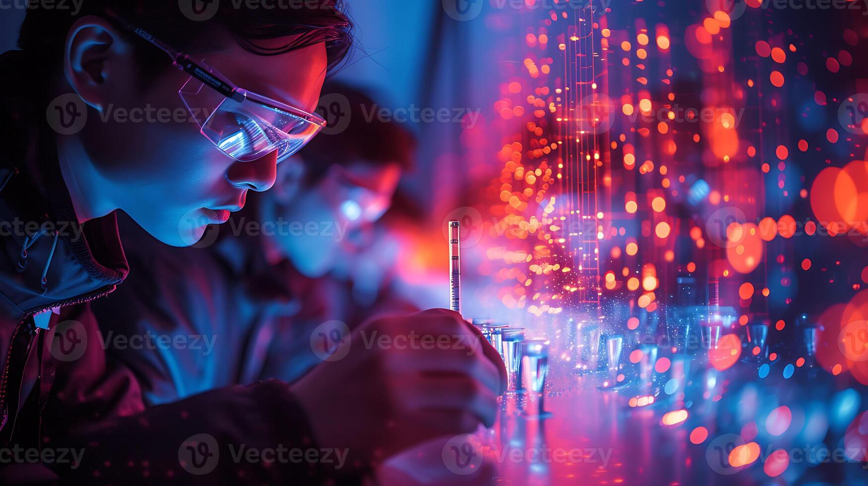 Abstract long exposure photo of a team of quantum physicists conducting experiments in a laboratory with particles and equations creating dynamic patterns of light