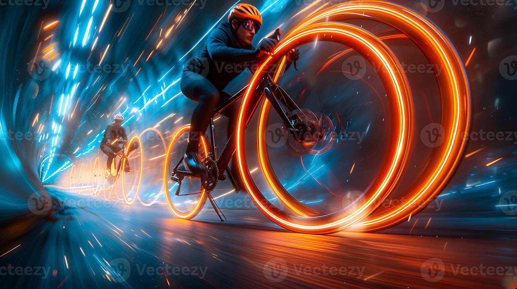 Abstract long exposure photo of a spinning bicycle wheel capturing its motion in a hypnotic swirl of light
