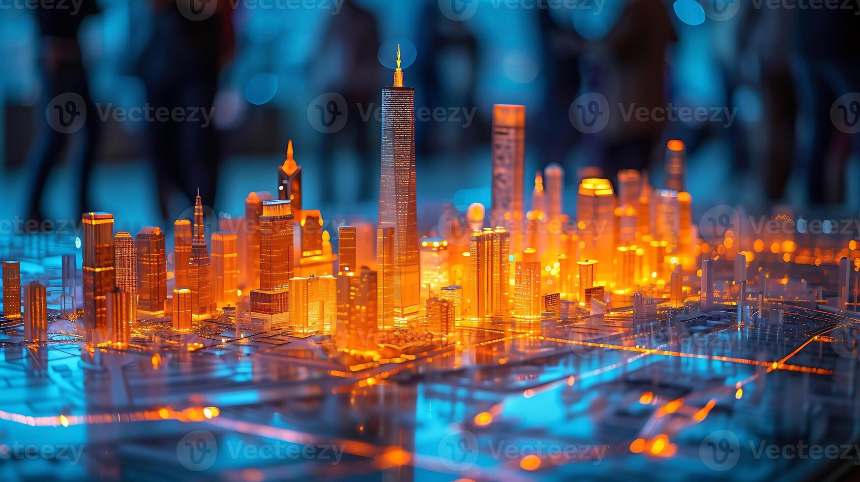 Abstract long exposure photo of a team of urban planners mapping out city development plans with blueprints and models creating dynamic patterns of light
