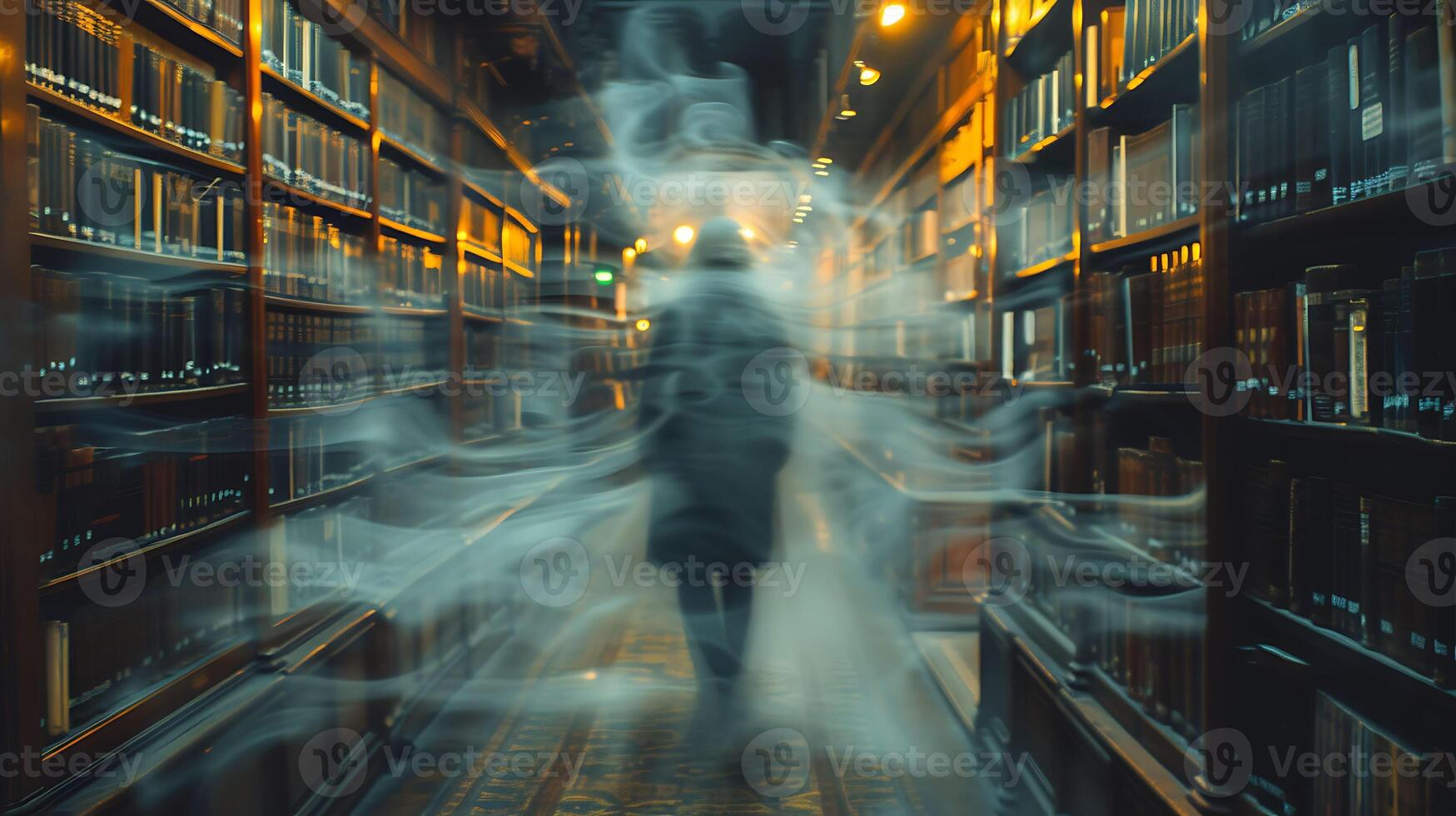 Atmospheric long exposure photo of a librarian organizing books in a dimly lit library with shelves and figures blurred in motion