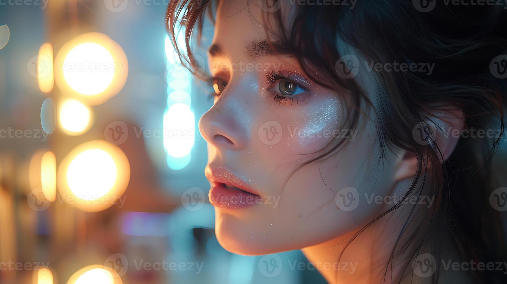 Depict artistry of a makeup artist applying makeup in a softly lit dressing room with shadows enhancing the contours of the face using low light techniques photo