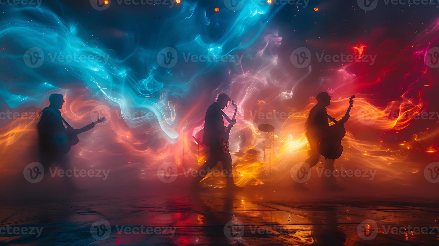 Dynamic long exposure shot of a group of musicians performing on stage with instruments and gestures captured as streaks of light photo