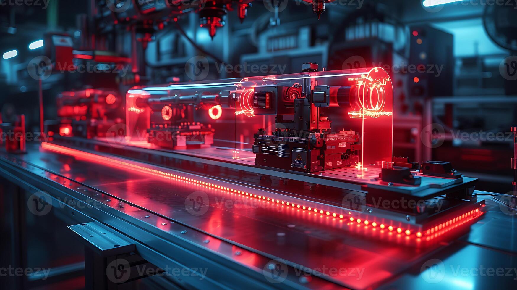 Dynamic long exposure shot of a team of robotics engineers testing a prototype robot with movements and circuits illuminated by LED lights photo