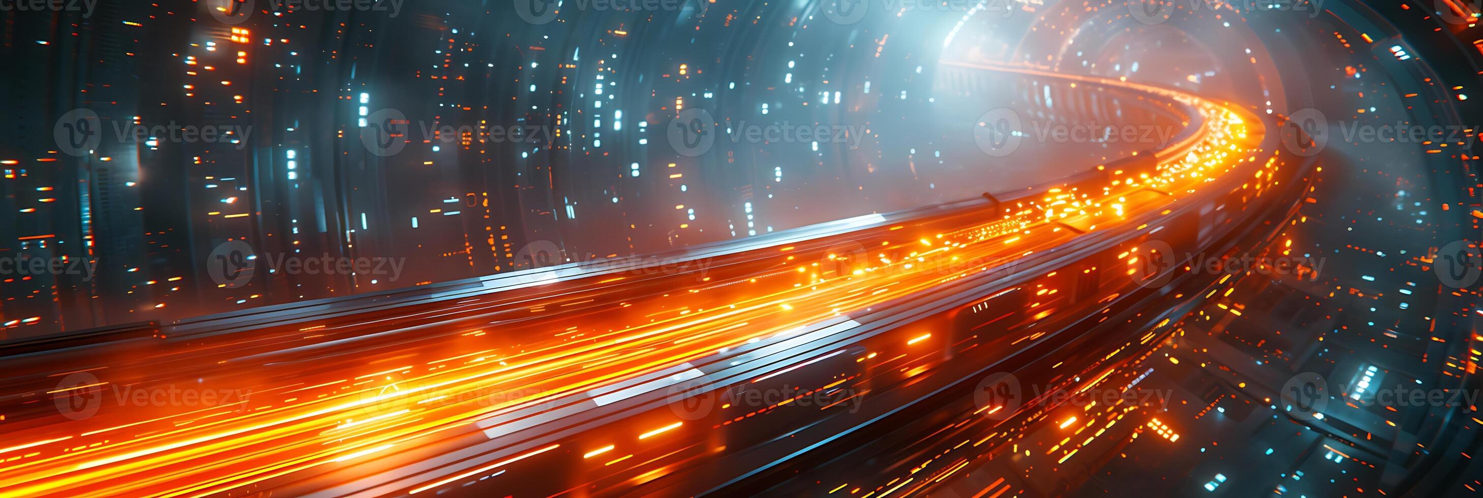 Futuristic long exposure shot of a highspeed train racing through a futuristic cityscape with streaks of light trailing behind photo