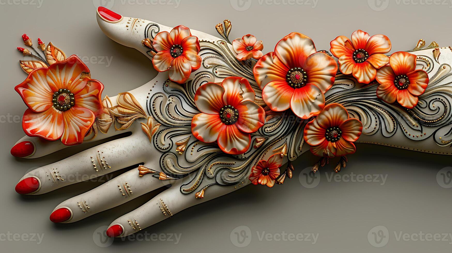 Fullleg mehendi pattern with floral elements on white paper optimized for printing photo