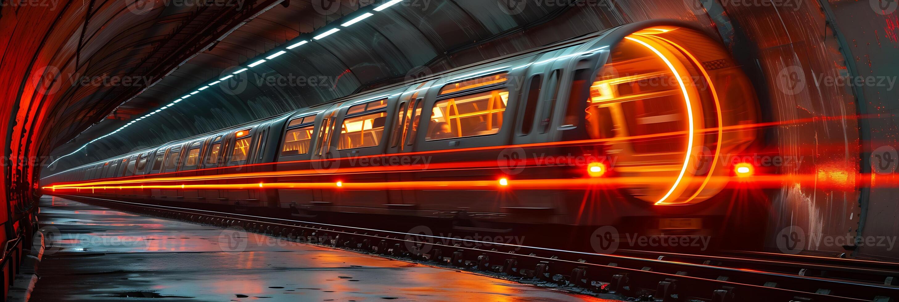 Futuristic long exposure shot of traffic flowing through a tunnel with light trails creating a sense of motion photo