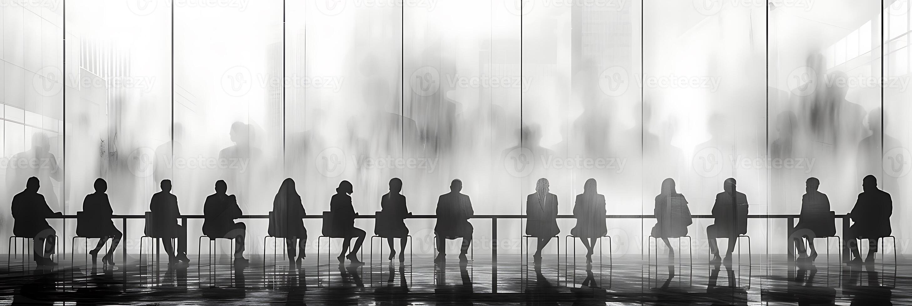 Minimalist long exposure shot of a group of executives in a boardroom meeting with subtle movements and interactions frozen in time photo