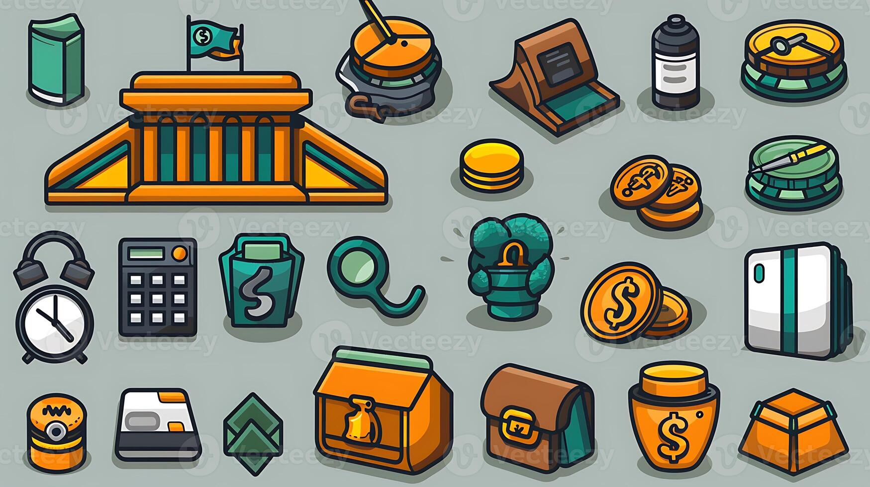 Set of financethemed icons including symbols banking investment budgeting currency exchange Ensure icons scalable available in SVG and AI file formats Background should be white for easy removal photo