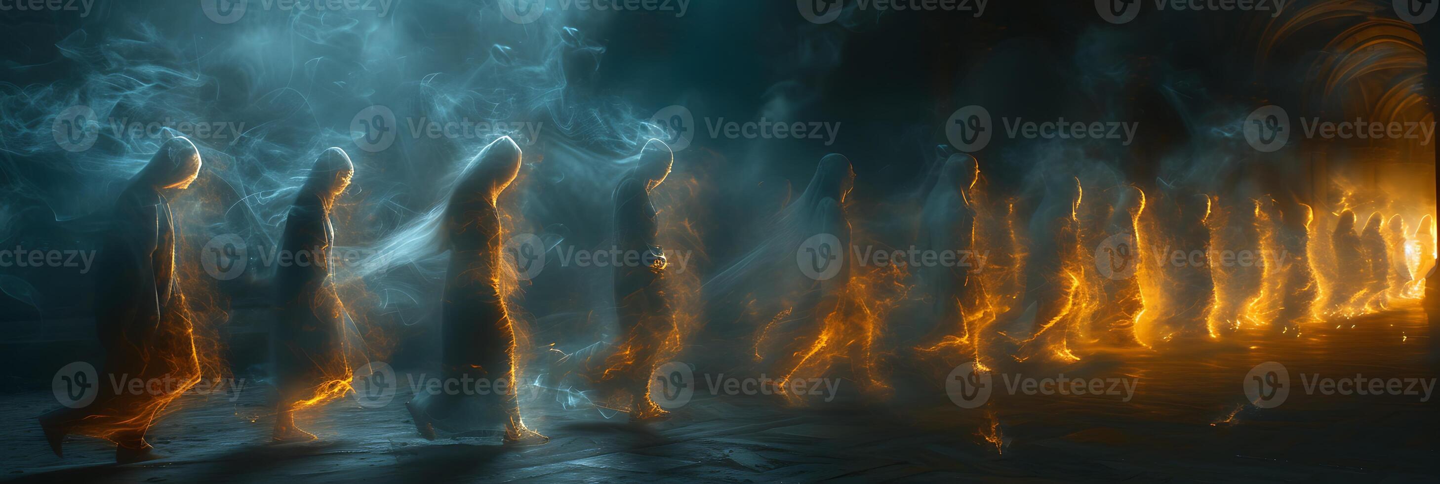 Surreal long exposure shot of a team of ghost hunters exploring a haunted location with movements and paranormal phenomena captured as streaks of light photo