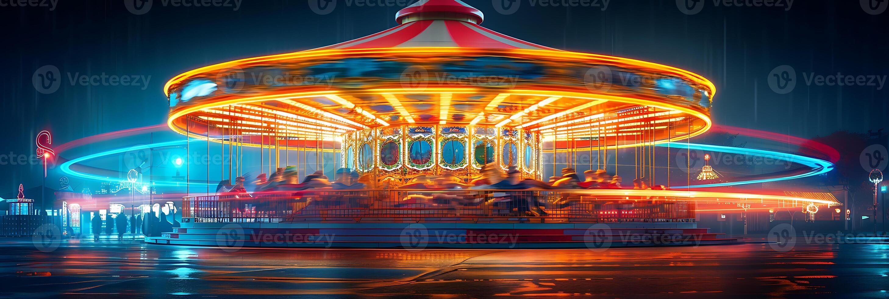 Surreal long exposure shot of a carnival carousel at twilight with streaks of light and vibrant colors photo