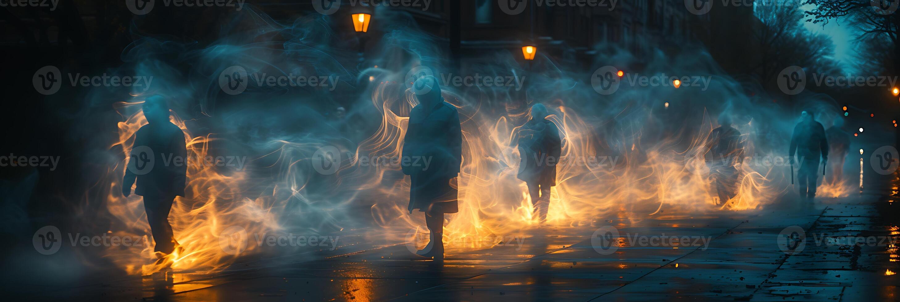 Surreal long exposure shot of a team of detectives investigating a crime scene with movements and interactions captured as streaks of light photo