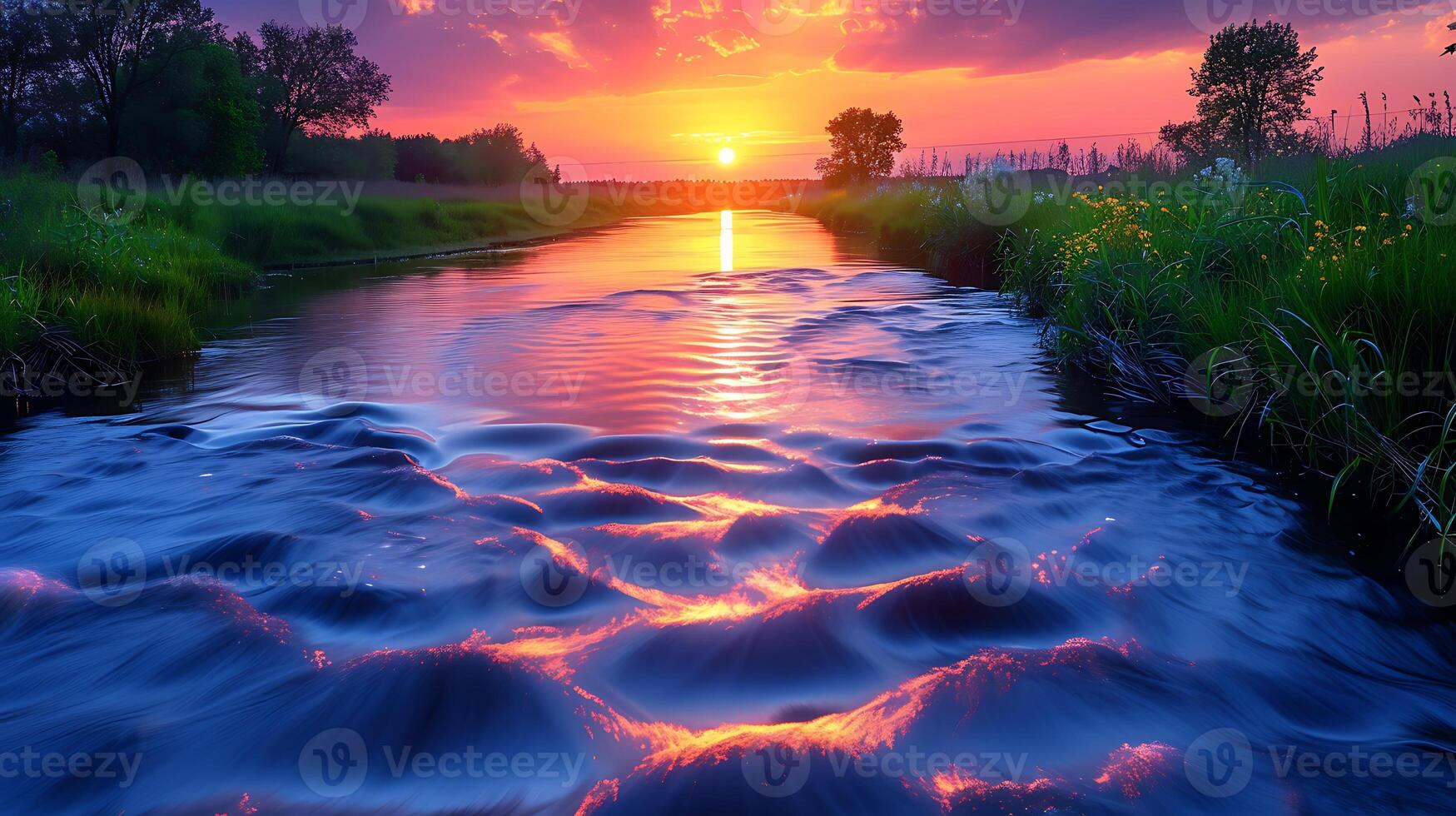 Tranquil long exposure shot of a flowing river at sunset with the colors of the sky reflected in the water photo