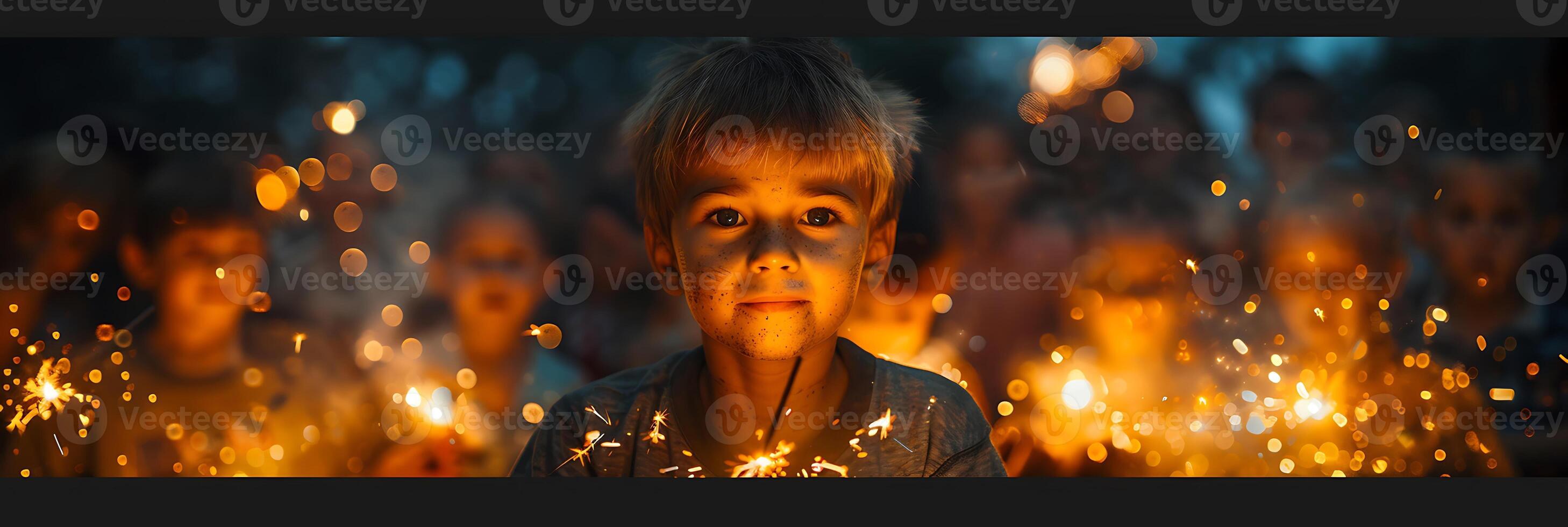 Whimsical long exposure shot of children playing with sparklers painting patterns of light in the air photo
