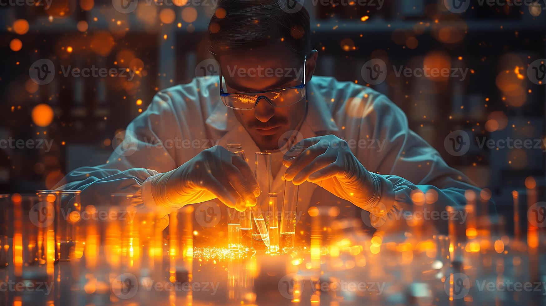 Abstract long exposure shot of a scientist conducting experiments in a laboratory with equipment and reactions creating vibrant patterns of light photo