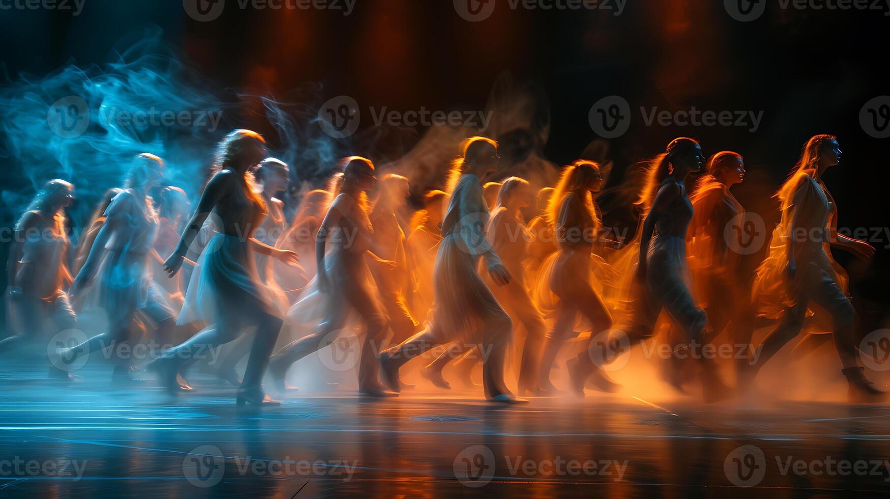 Atmospheric long exposure shot of a group of actors rehearsing a scene on stage with expressions and movements blurred in motion photo