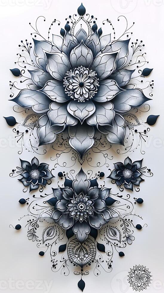 Elaborate mandala mehendi pattern with intricate lace details on white paper ideal for bridal henna Specify no human body parts for transparent printing photo