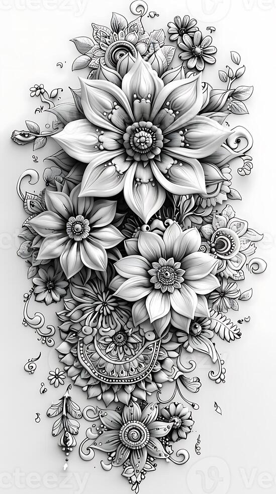 Elaborate mandala mehendi pattern with intricate lace details on white paper ideal for bridal henna Specify no human body parts for transparent printing photo
