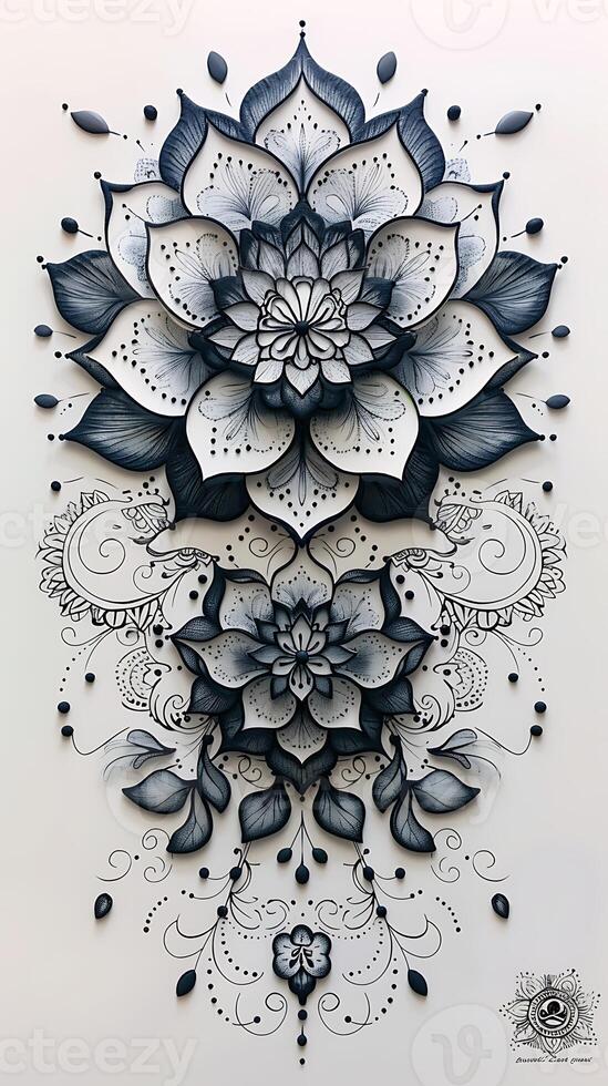 Elaborate mandala mehendi pattern with intricate lace details on white paper ideal for bridal henna Specify no human body parts for transparent printing photo