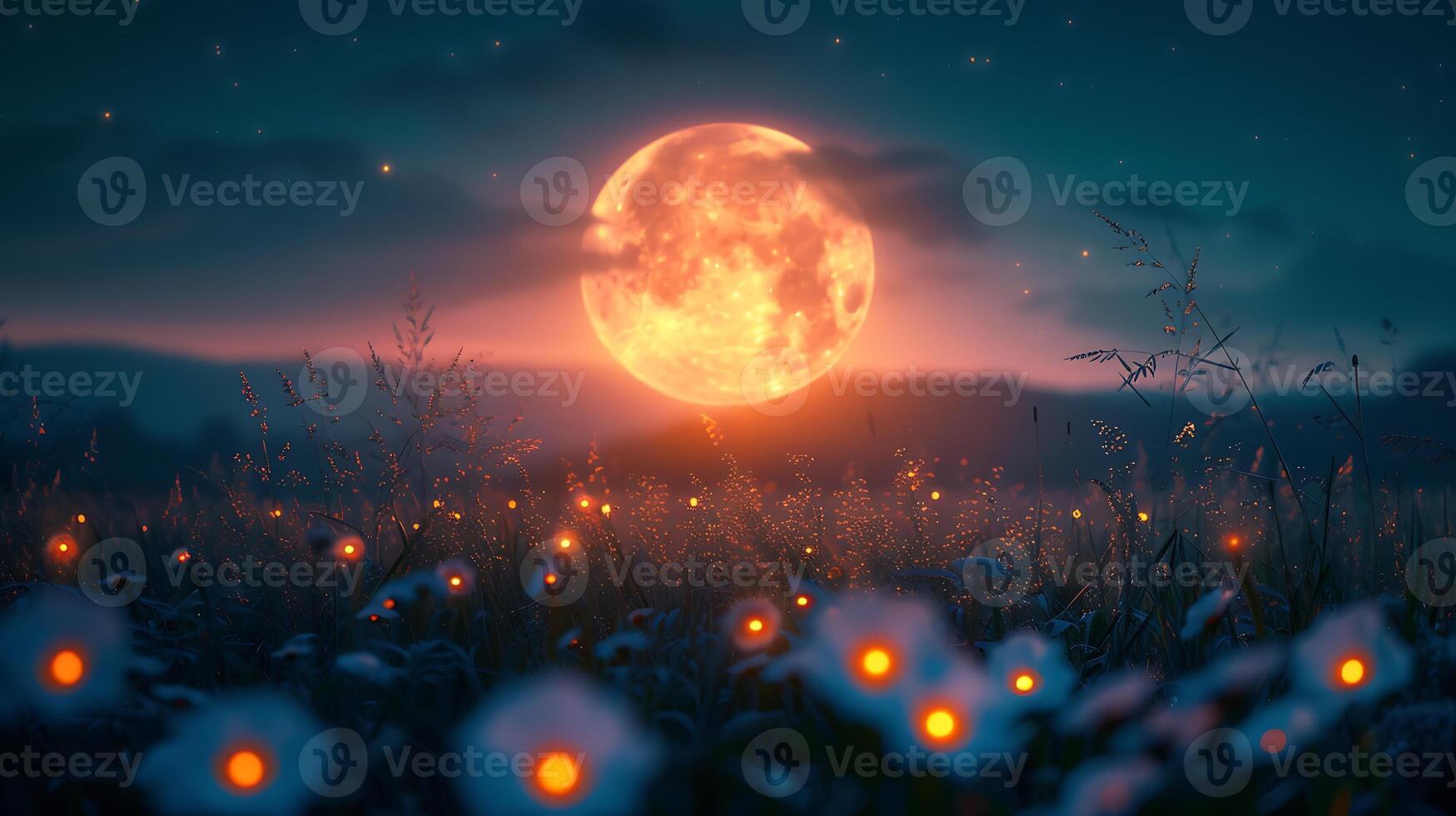 Enchanting long exposure shot of fireflies dancing in a moonlit meadow creating a magical atmosphere photo