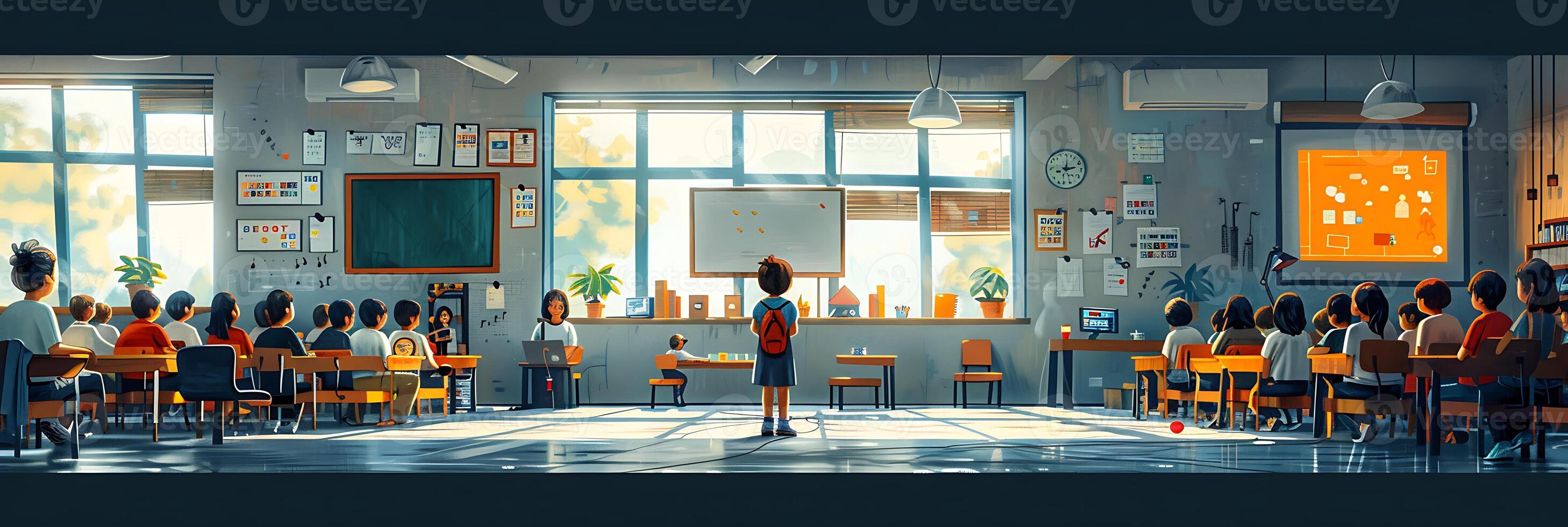 Develop series of illustrations targeting the education field depicting classrooms students teachers and educational resources photo