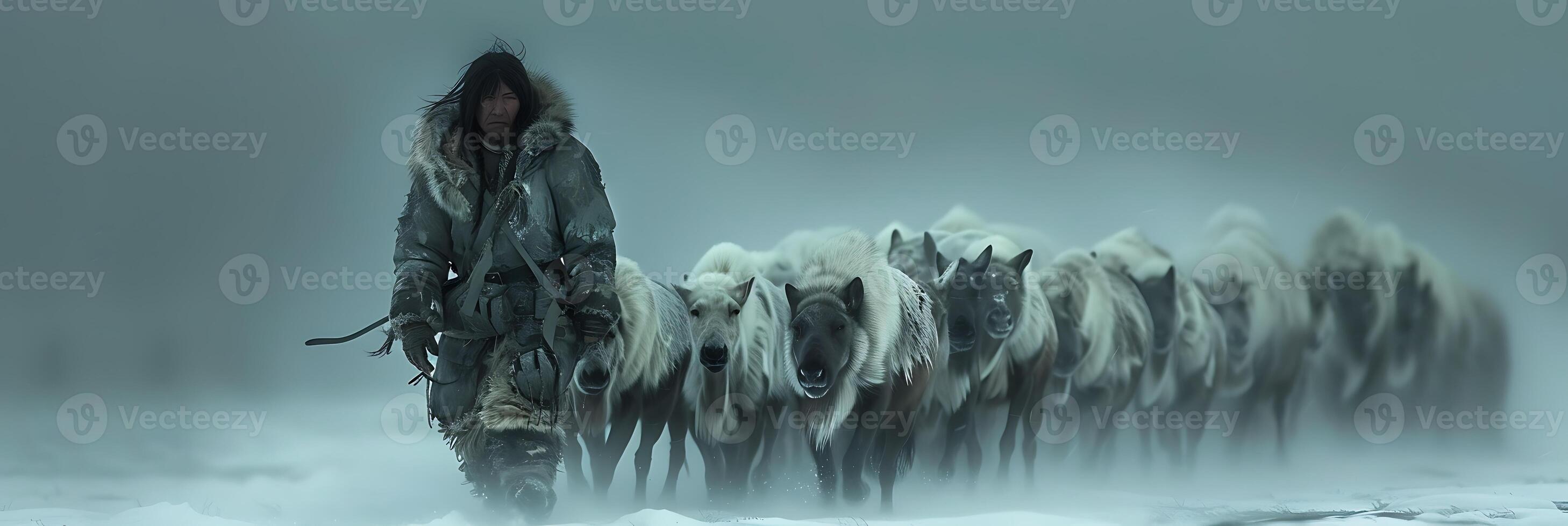 Employ timelapse photography showcase the Inuit people in the Arctic as they track caribou herds across the frozen tundra emphasizing the slow but steady pursuit of their prey over time photo