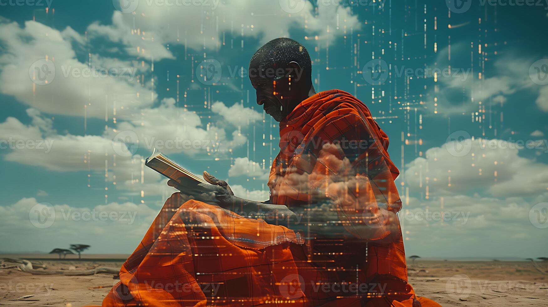 Experiment double exposure photography to blend images of a Maasai elder reading under the vast African sky with intricate patterns of books merging tradition with modern literature for World Book Day photo